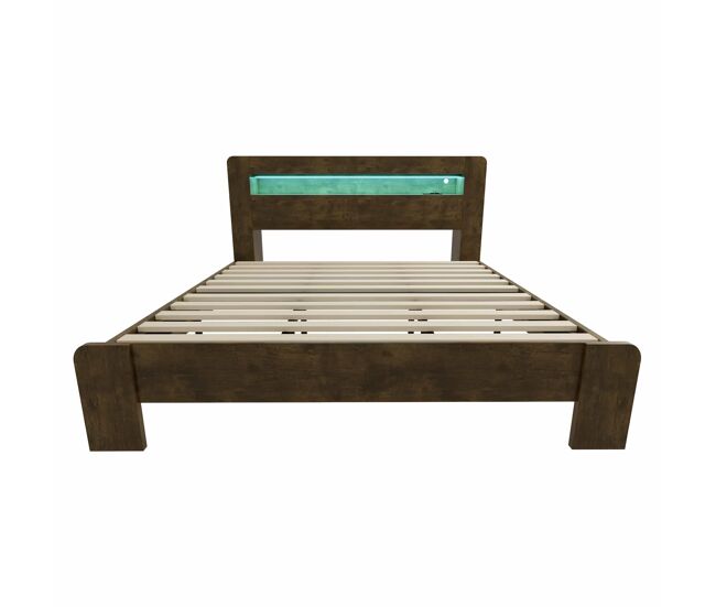 Cama de plataforma 180x200 - arrumação na cabeceira, led, tomadas integradas, moderna - madeira vintage