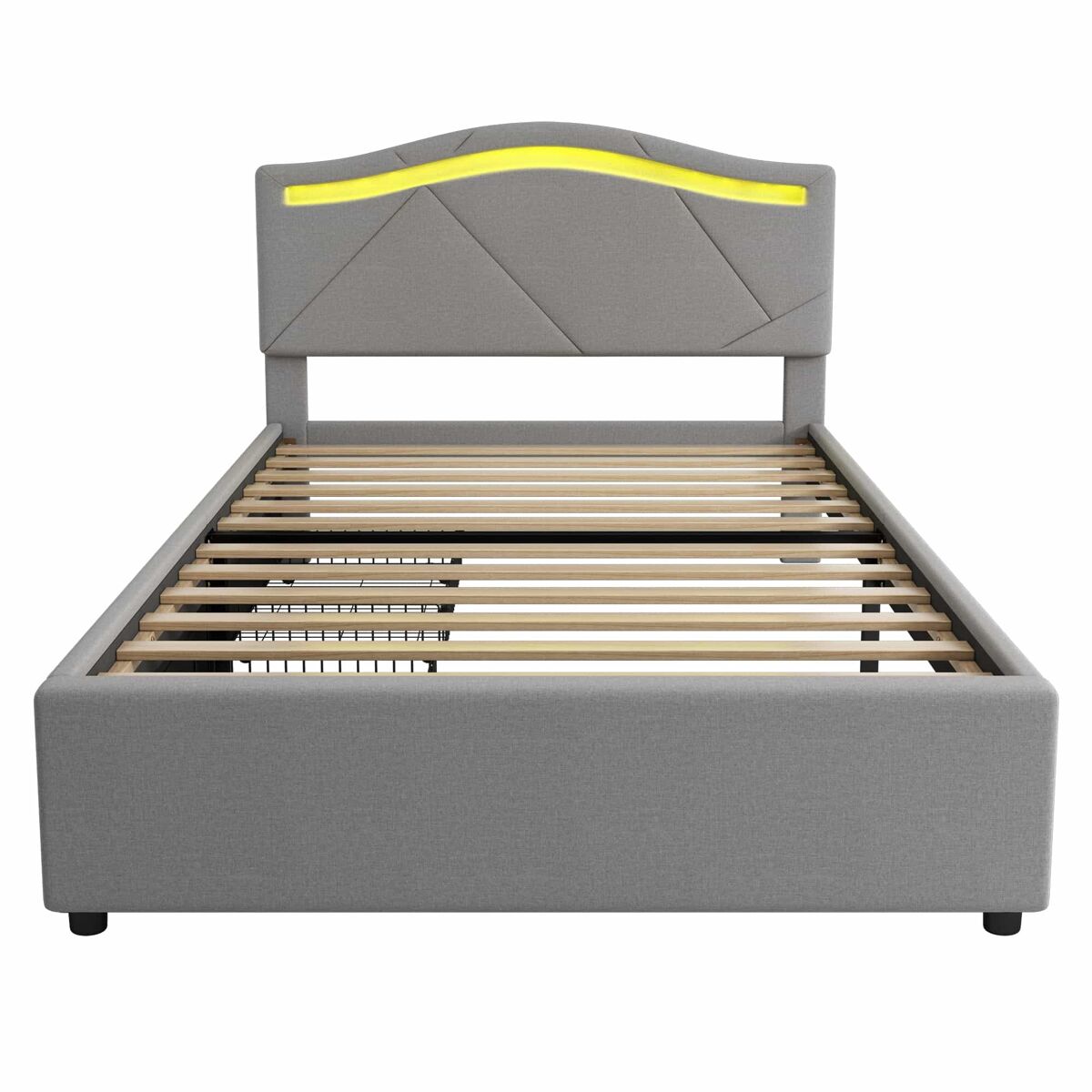 Cama estofada 90x200cm - com estrado (sem colchão), iluminação ambiente controlada por controlo remoto, com duas gavetas, encosto ajustável, leinen,