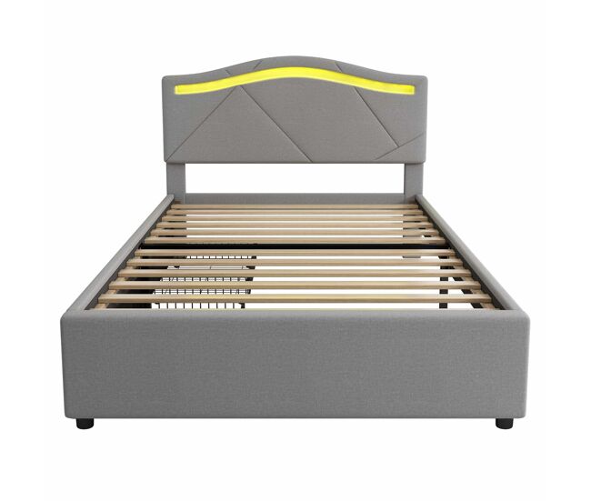 Cama estofada 90x200cm - com estrado (sem colchão), iluminação ambiente controlada por controlo remoto, com duas gavetas, encosto ajustável, leinen,
