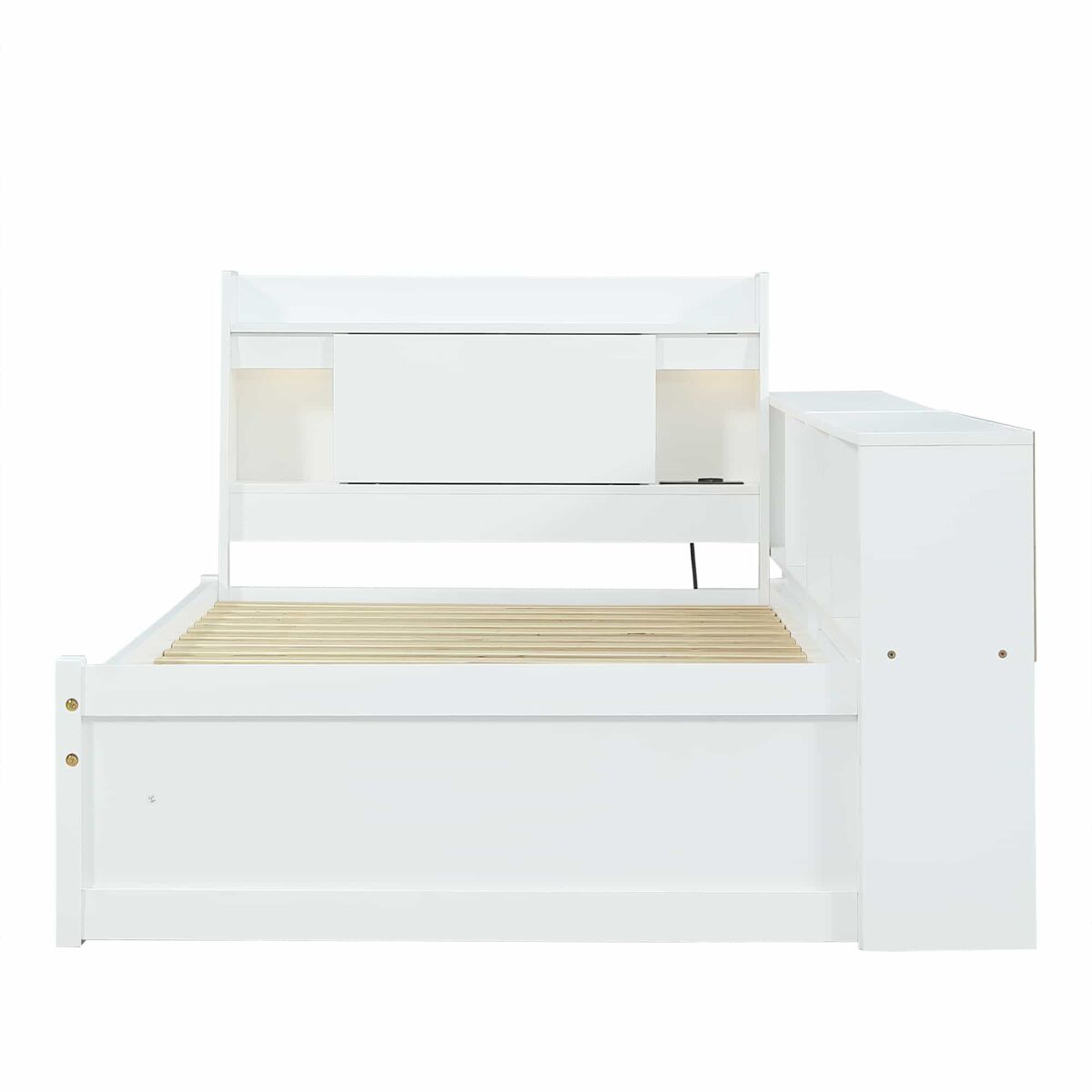 Cama individual 90x200 - cabeceira com prateleira e luzes, porta de carregamento, armários e gavetas laterais - branco