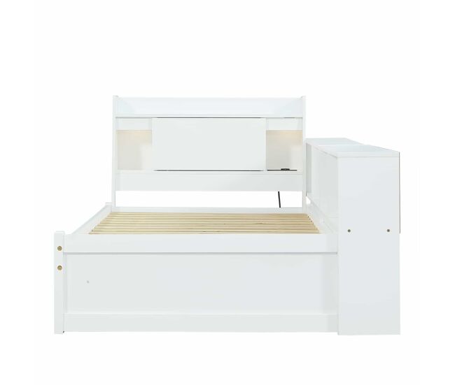 Cama individual 90x200 - cabeceira com prateleira e luzes, porta de carregamento, armários e gavetas laterais - branco