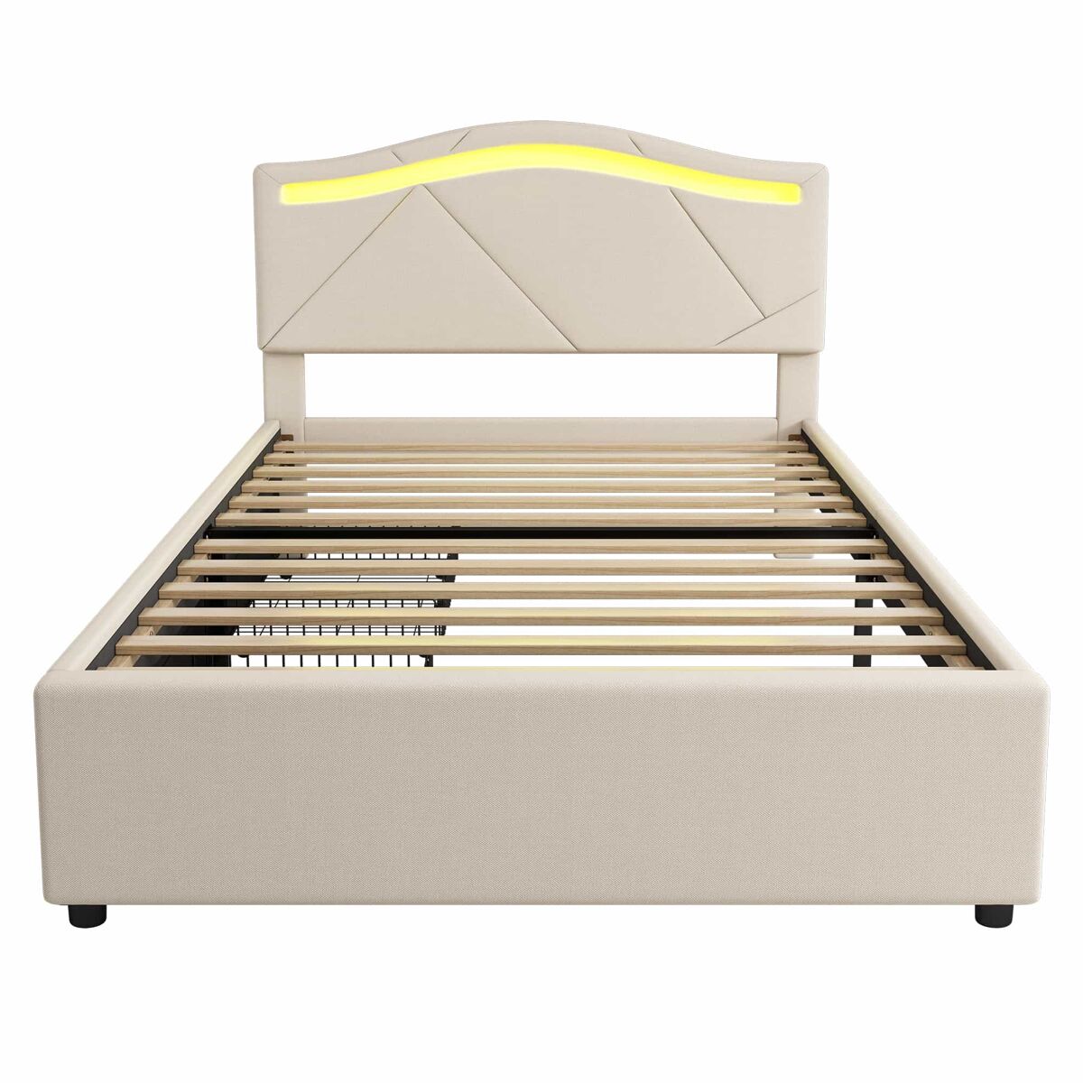 Cama estofada 90x200cm - com estrado, iluminação regulável, 2 gavetas, cabeceira ajustável, linho, minimalista - bege