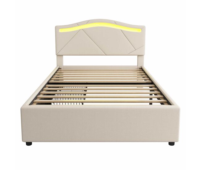 Cama estofada 90x200cm - com estrado, iluminação regulável, 2 gavetas, cabeceira ajustável, linho, minimalista - bege