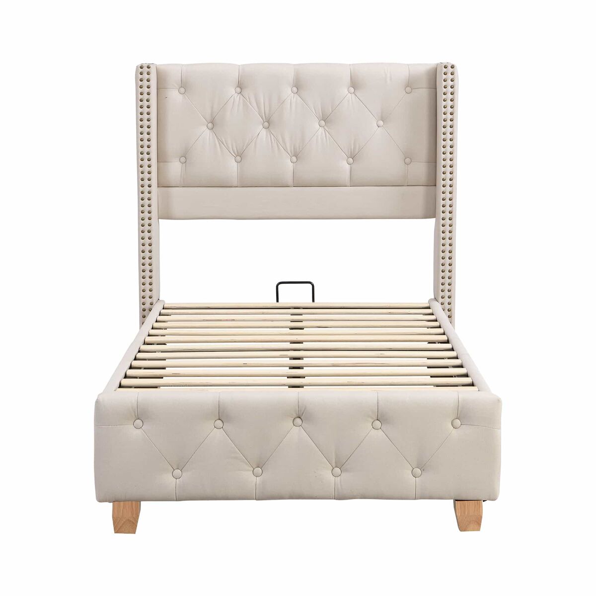 Cama estofada 90*200 - cabeceira acolchoada com botões e tachas, estrado de ripas, pés de madeira - bege