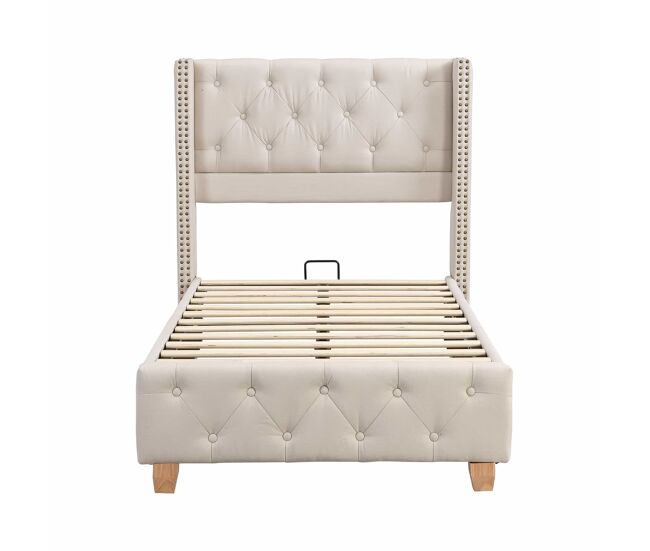 Cama estofada 90*200 - cabeceira acolchoada com botões e tachas, estrado de ripas, pés de madeira - bege