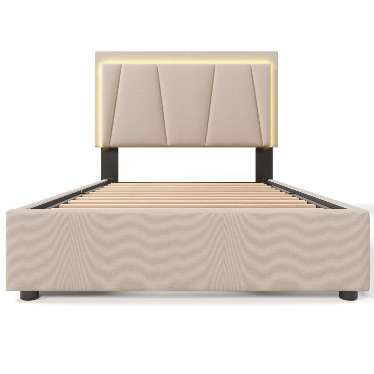 Cama estofada 90x200cm - com led, 2 gavetas, cabeceira ajustável, base de madeira, bege