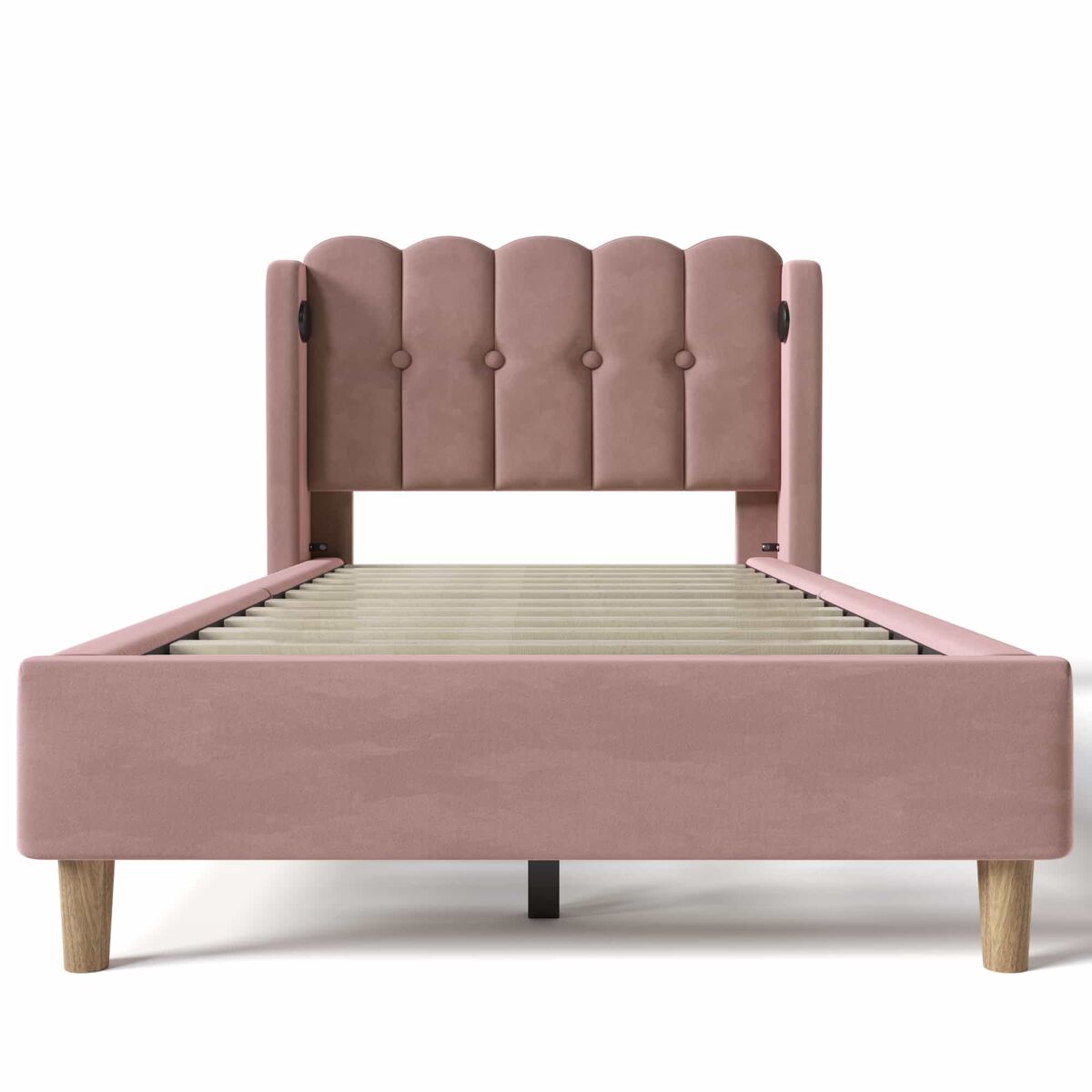 Cama individual 90x200 cm - com função de carregamento usb tipo c, cabeceira acolchoada, estrutura de cama com estrado - rosa