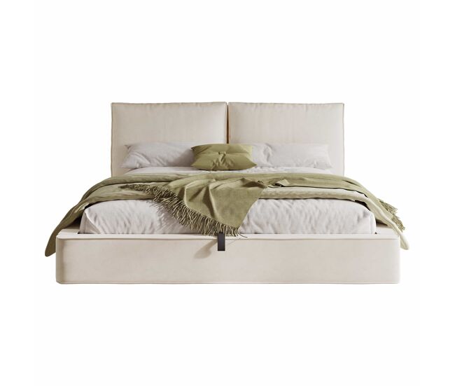 Cama de casal estofada 180 x 200 cm - cama funcional hidráulica com base e cabeceira estofadas em veludo - bege