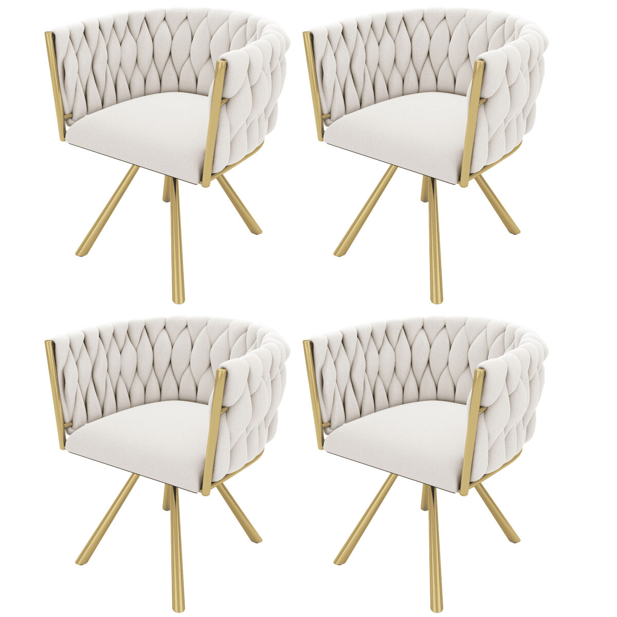 Conjunto de 4 cadeiras giratórias de veludo com braços - pernas de metal doré - bege
