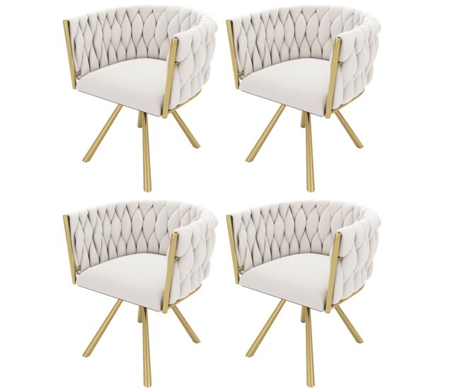 Conjunto de 4 cadeiras giratórias de veludo com braços - pernas de metal doré - bege