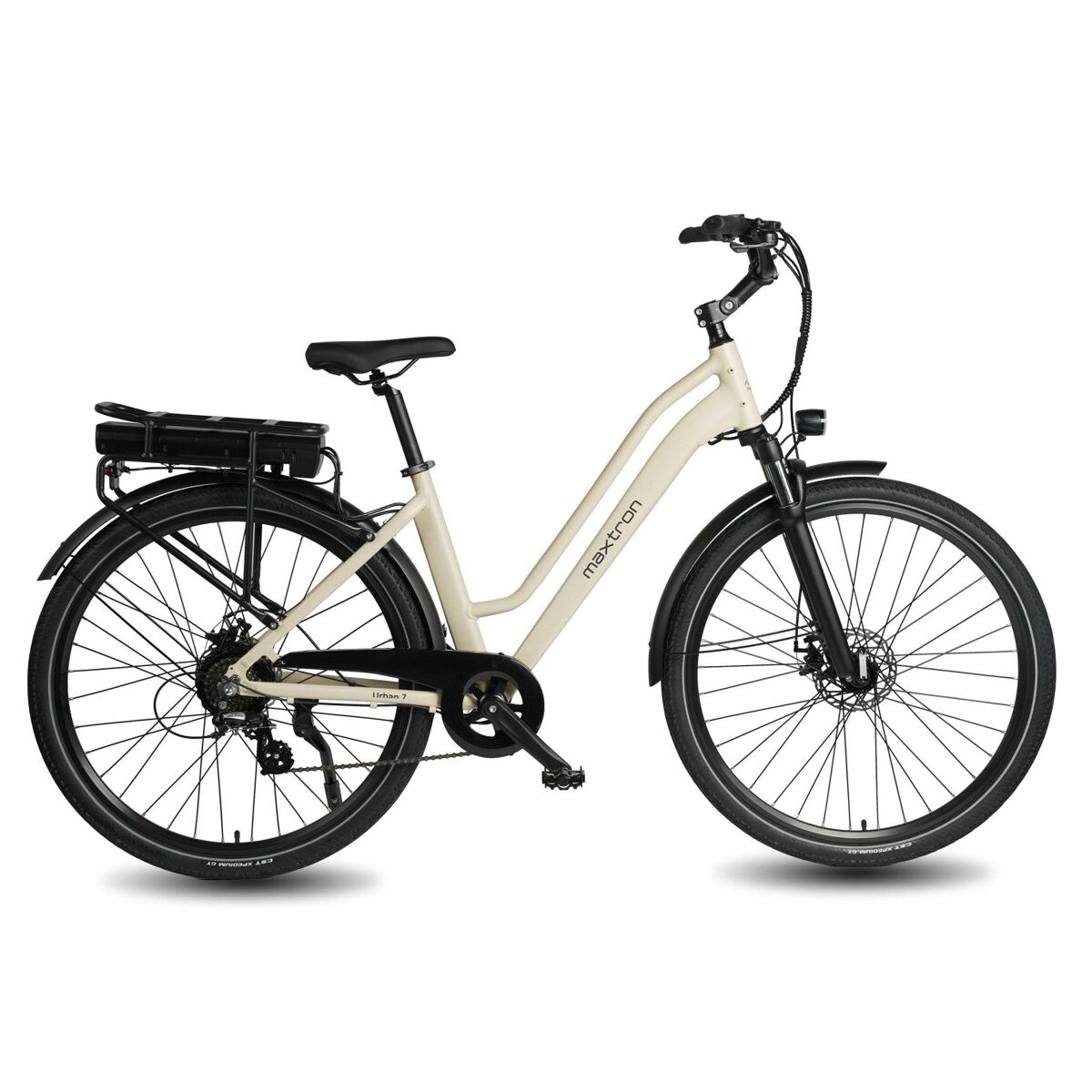 Bicicleta elétrica maxturn urban7 - motor 250w bateria 36v12.8ah 27.5" travão a disco mecânico - bege