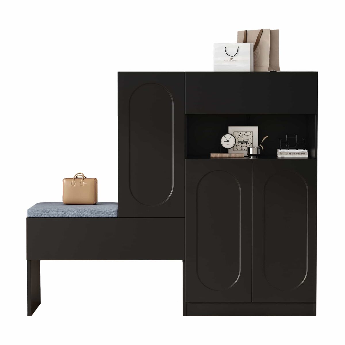 Sapateira 130x35x110 cm - 2 em 1, portas curvas, com sistema soft-close, prateleiras ajustáveis e banco acolchoado - preto