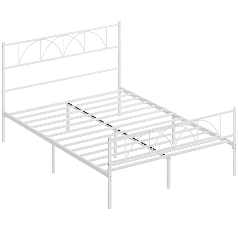 Homcom cama de casal 141,5x198x98 cm estrutura de ripas com cabeceira de ripas de aço e espaço de arrumação por baixo da cama carga 330 kg branca