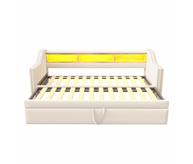 Sofá-cama 90/180x190cm em linho - com led e usb - com base de ripas - bege