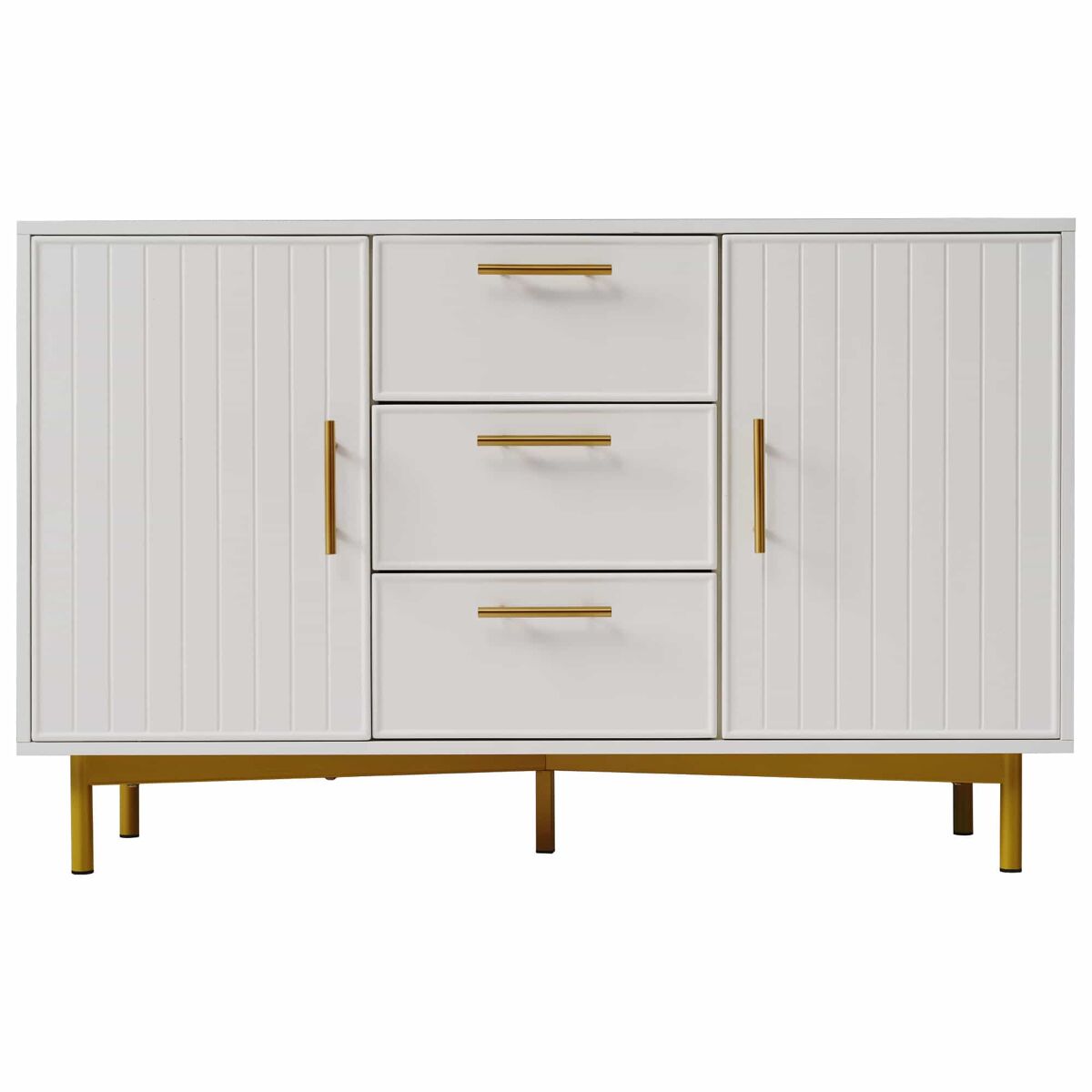 Cómoda decorada com riscas verticais - 3 gavetas e 2 portas com étagères reguláveis - blanc
