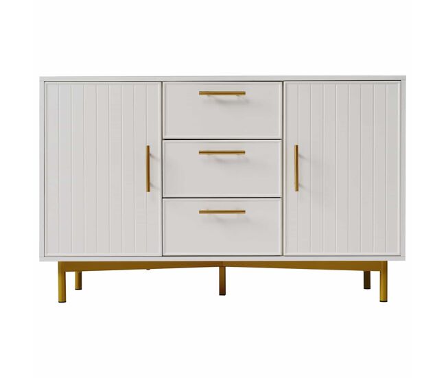 Cómoda decorada com riscas verticais - 3 gavetas e 2 portas com étagères reguláveis - blanc