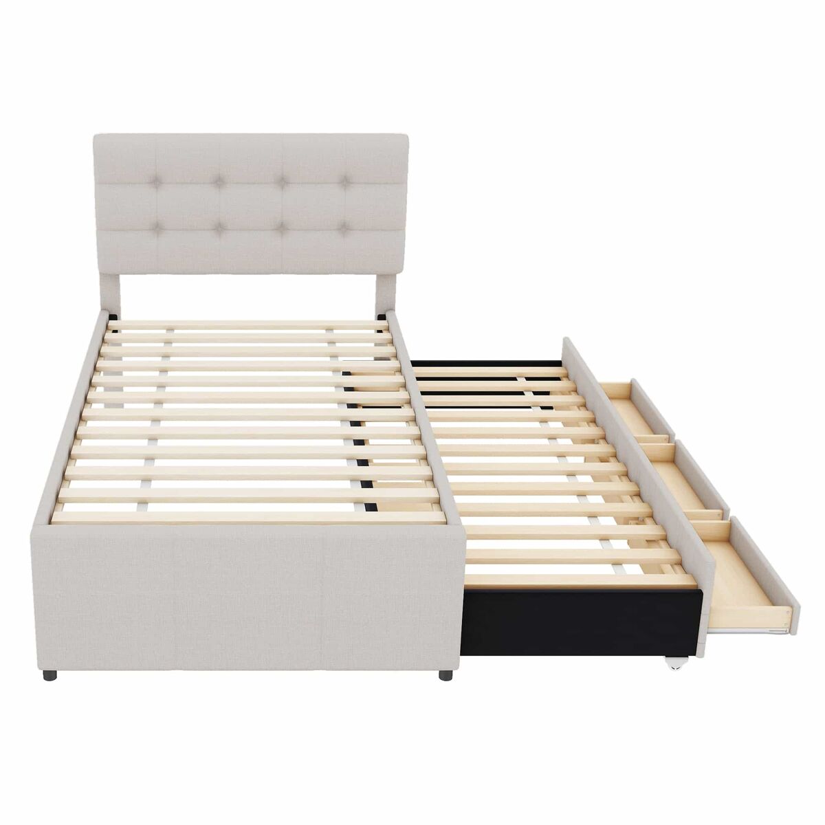 Cama estofada 90x200cm com cama de rodízio 90x190cm - em tecido de linho - com 3 gavetas e estrado de molas - bege