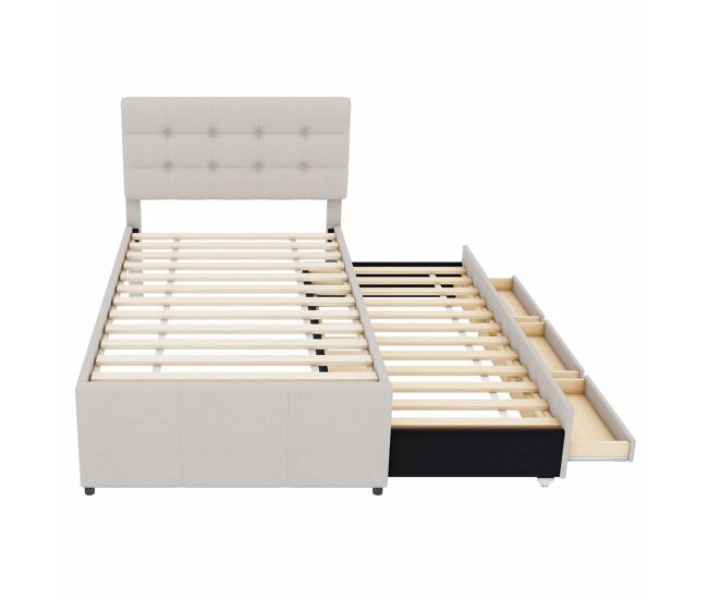 Cama estofada 90x200cm com cama de rodízio 90x190cm - em tecido de linho - com 3 gavetas e estrado de molas - bege