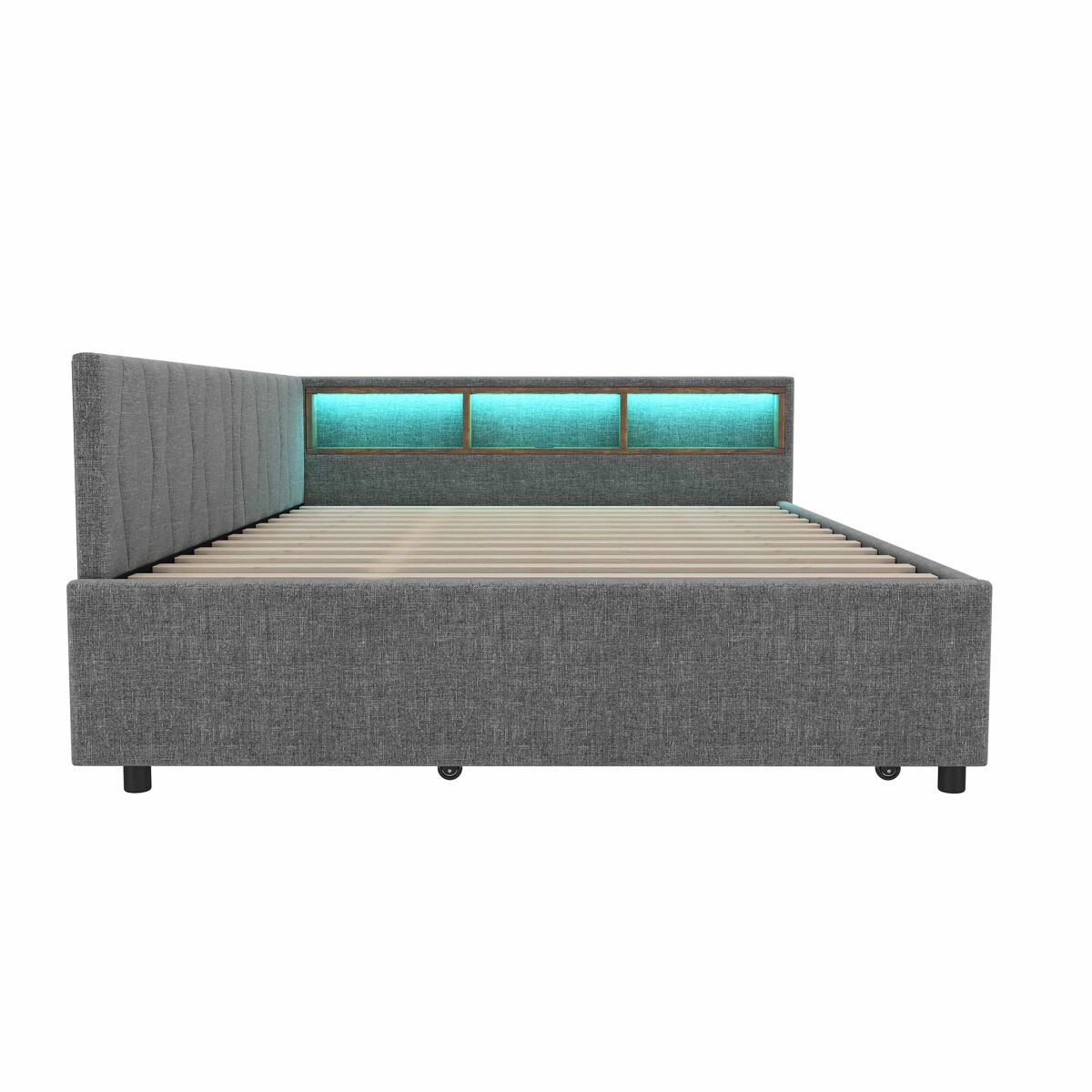 Cama daybett 140x200cm - sofá-cama, com compartimento, usb+tipo c, controlo remoto para luz led, com cama extraível, com estrado (sem colchão) - cinza