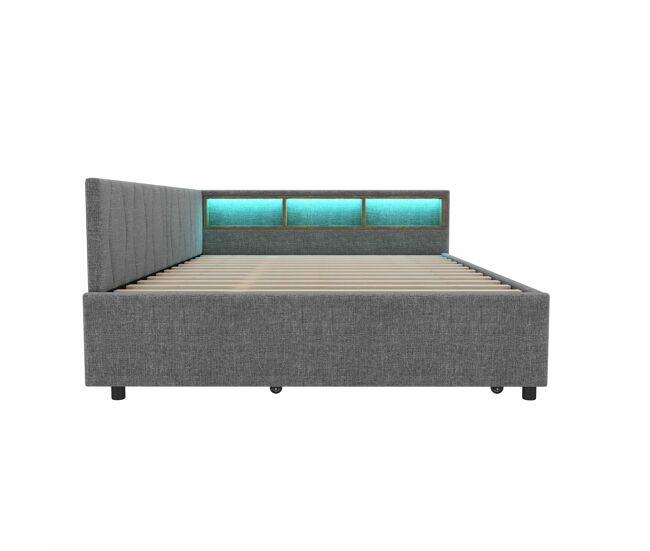 Cama daybett 140x200cm - sofá-cama, com compartimento, usb+tipo c, controlo remoto para luz led, com cama extraível, com estrado (sem colchão) - cinza