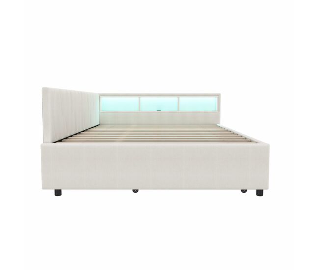 Cama de dia 140x200cm - sofá-cama, compartimento de arrumação, usb+tipo c, controlo remoto para luz led, cama extensível, com estrado, lençóis - bege