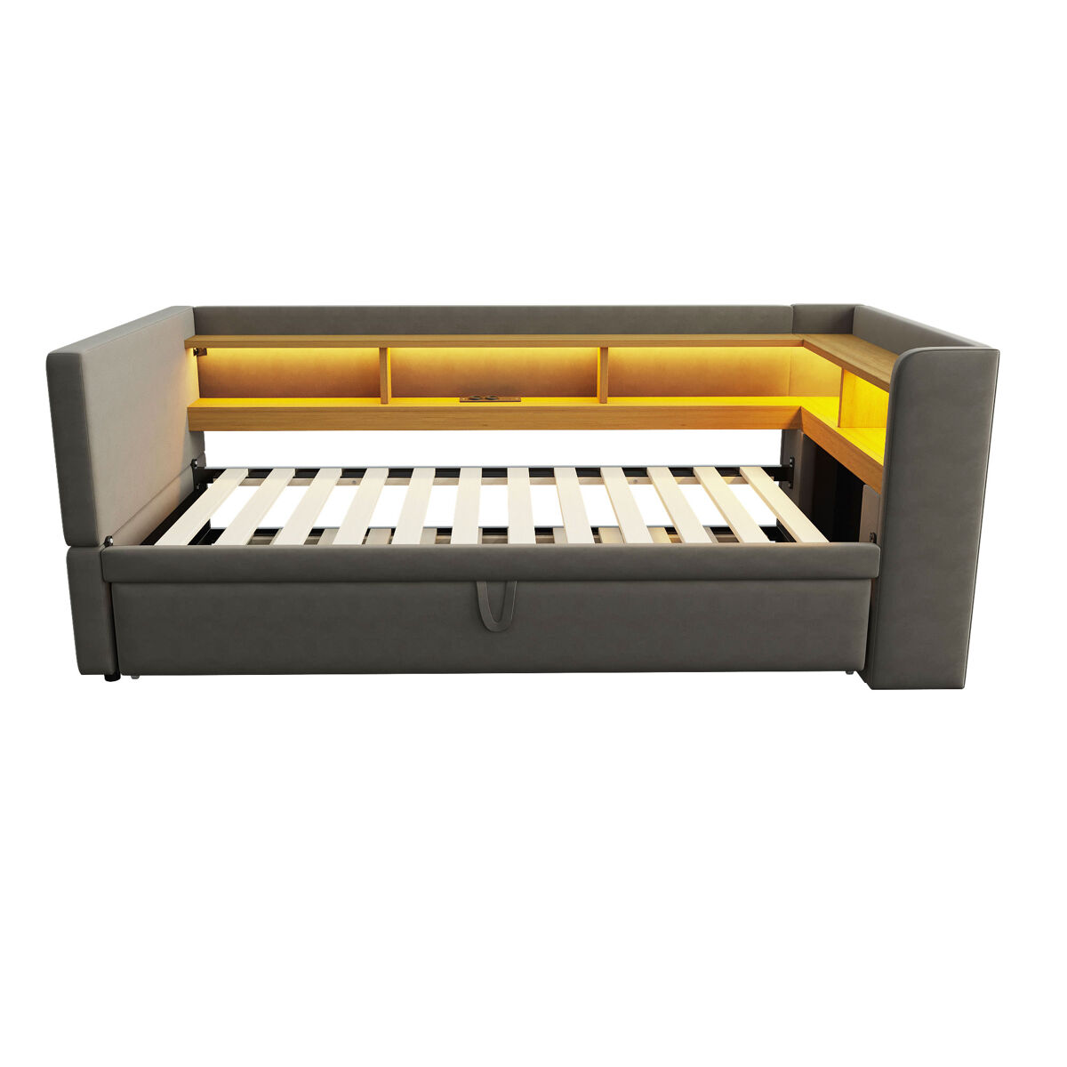 Mobrio Sofá-Cama Extensível 90/180*190 Cm - Com Luzes Led, Tomadas E Compartimentos De Arrumação - Escuro Cinza