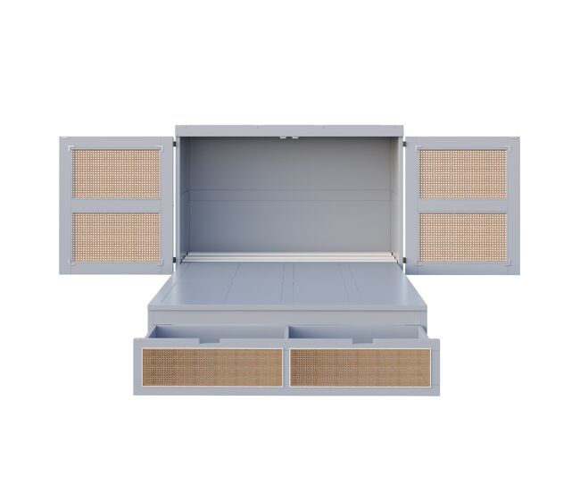 Cama rebatível 140x200 cm - com estrado, vertical, com gavetas de arrumação, design rattan - cinza