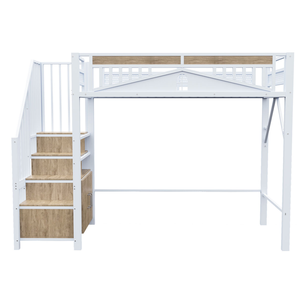 Cama alta metálica 90x200 cm - casinha de segurança com janela, escada de segurança com armário - blanc