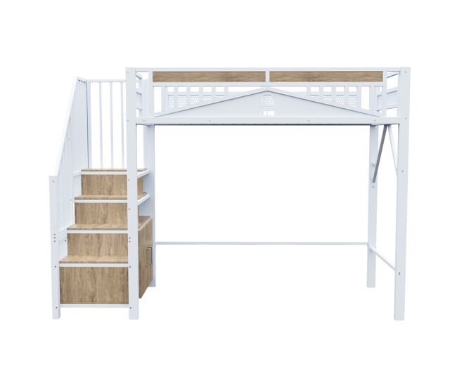 Cama alta metálica 90x200 cm - casinha de segurança com janela, escada de segurança com armário - blanc