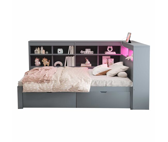 Sofá-cama 90x200 - com compartimentos, cama com usb e tomada com faixa led, com prateleiras e arrumação, multifuncional, cinzento