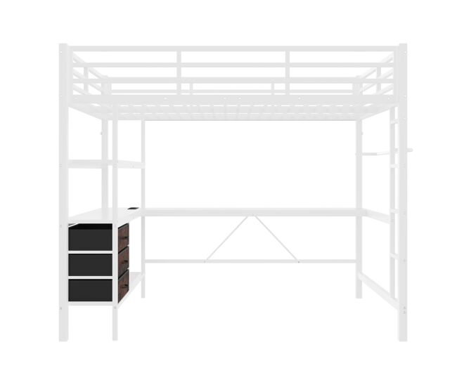Cama alta 140*200 cm - com luzes led, secretária, tomada + usb, 3 gavetas, prateleiras, grade, escada - branco