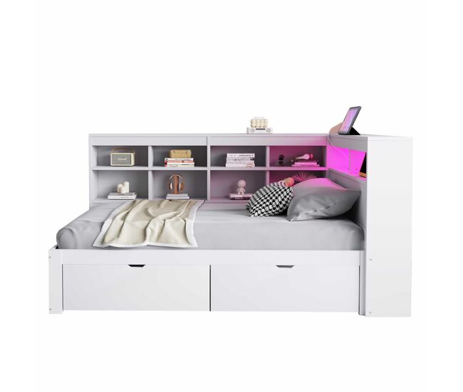Sofá-cama 90x200 cm - com arrumação, cama com usb e tomada, com prateleiras e bandejas, muita capacidade, cama multifuncional em madeira - branco