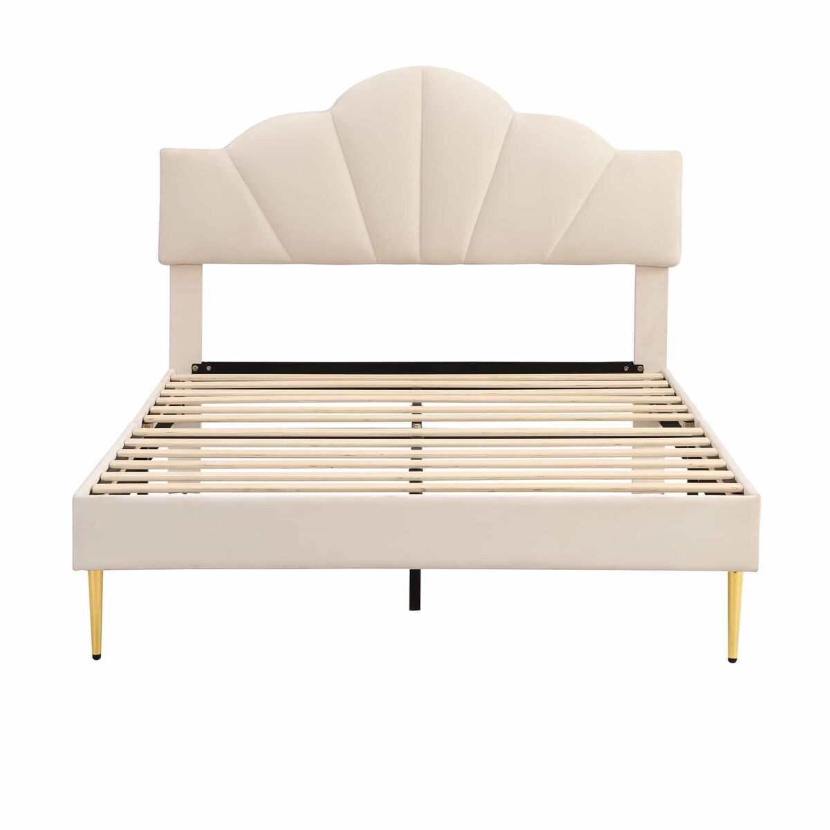 Cama de criança em veludo - 140x200cm - cabeceira em forma de concha - bege
