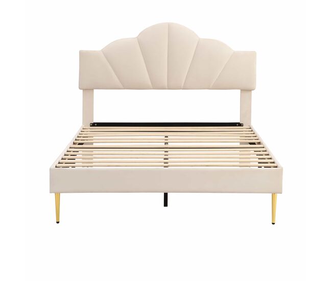 Cama de criança em veludo - 140x200cm - cabeceira em forma de concha - bege