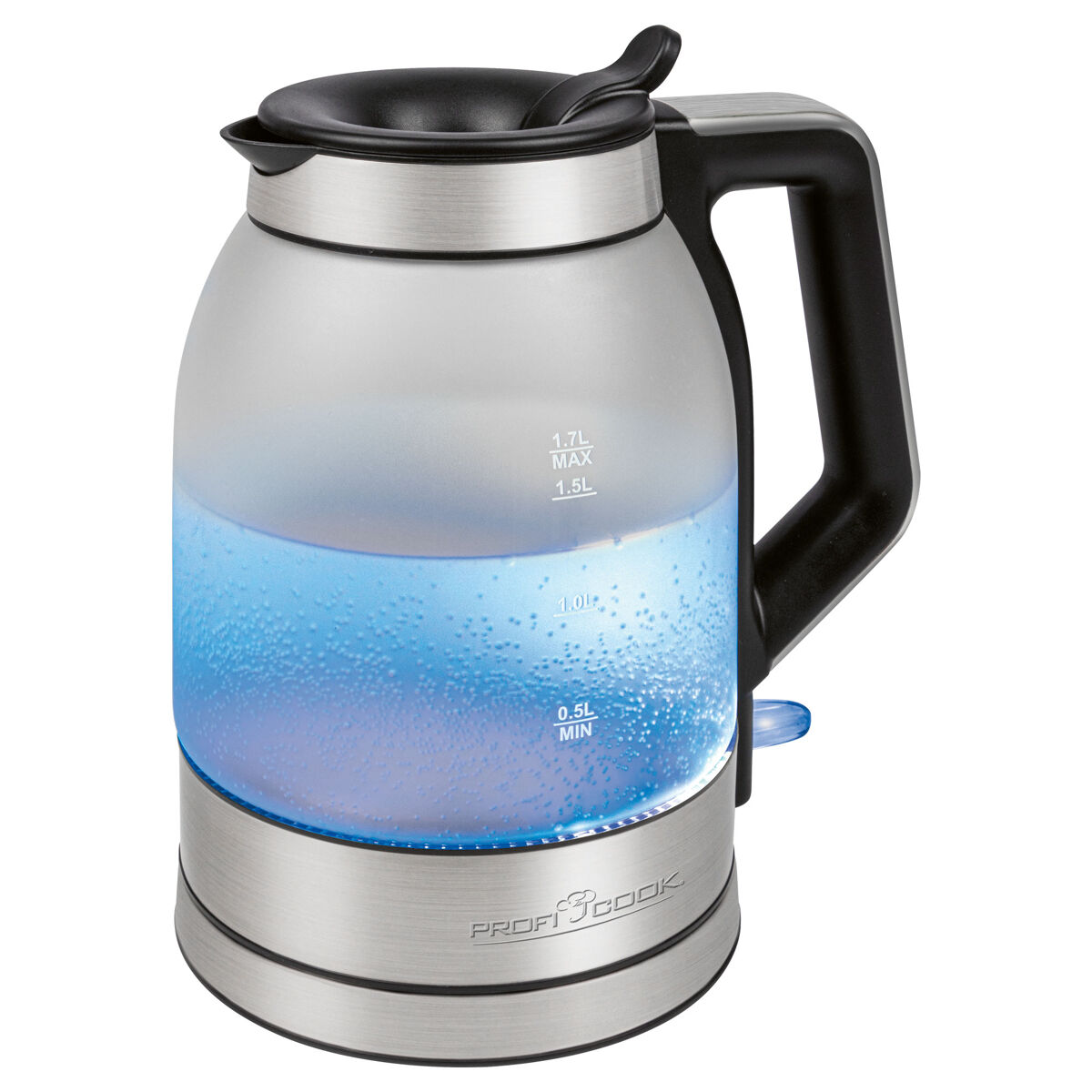 Proficook wks 1215g chaleira eléctricaem vidro 1,7 l, jarro elétrico, sem bpa, interior iluminado, sem fios, 2200, prata