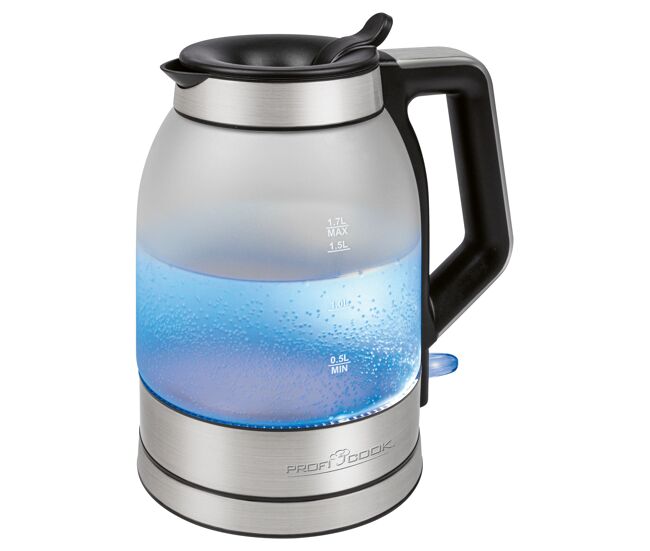 Proficook wks 1215g chaleira eléctricaem vidro 1,7 l, jarro elétrico, sem bpa, interior iluminado, sem fios, 2200, prata