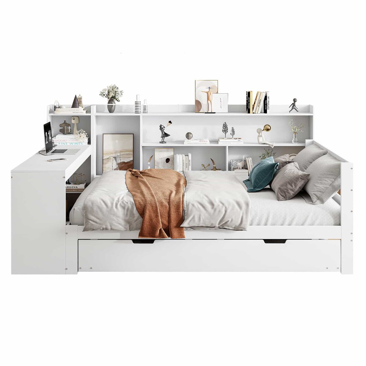 Sofá-cama 140 x 200 cm - com secretária, prateleiras, compartimentos, tomadas e cama extraível - branco