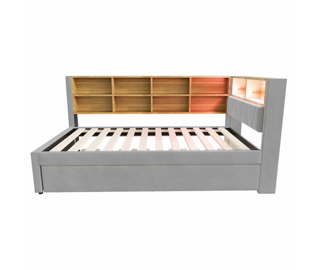 Sofá-cama 90x200 - cama extensível 90x190, com luzes led, tomadas e compartimentos de arrumação - cinza claro