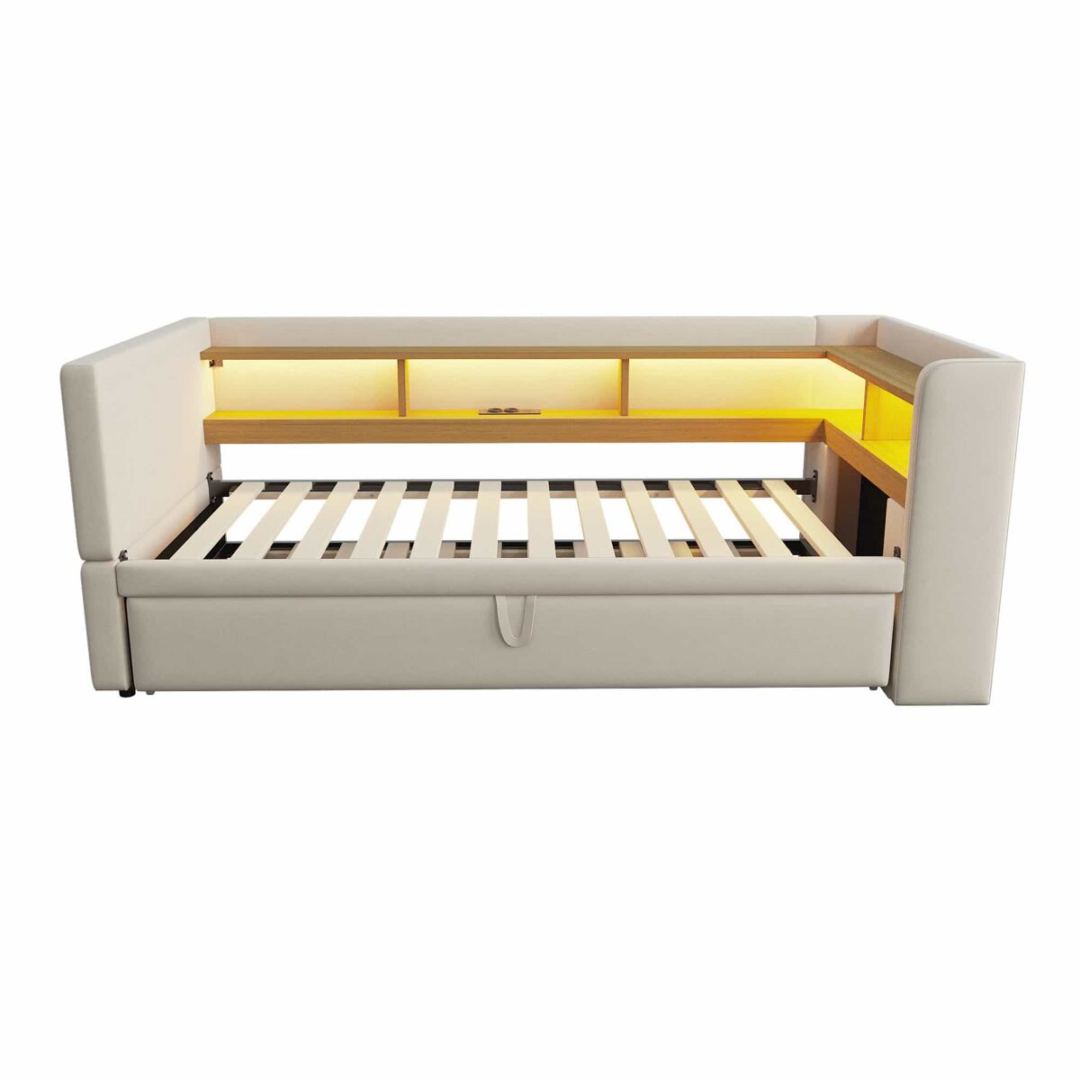 Mobrio Sofá-Cama Extensível 90/180*190 Cm - Multifuncional, Com Led, Tomadas E Compartimentos De Arrumação - Bege
