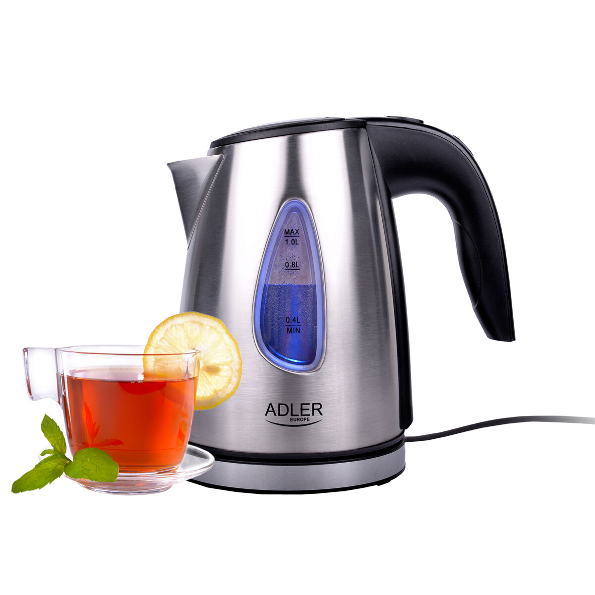 Adler ad1203 jarro eléctrica, 1,7 l, chaleira eléctrica, aço inoxidável sem bpa, interior iluminado, sem fios, resistência escondida, 1600, prata