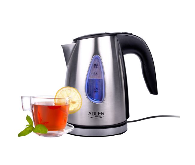 Adler ad1203 jarro eléctrica, 1,7 l, chaleira eléctrica, aço inoxidável sem bpa, interior iluminado, sem fios, resistência escondida, 1600, prata
