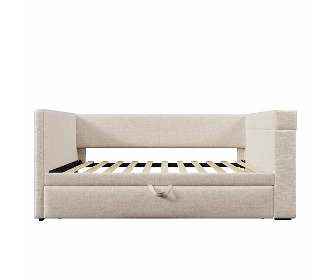 Daybett 90x190 cm - sofá-cama individual com cama extraível, braços com portas usb e type-c e porta-copos - bege