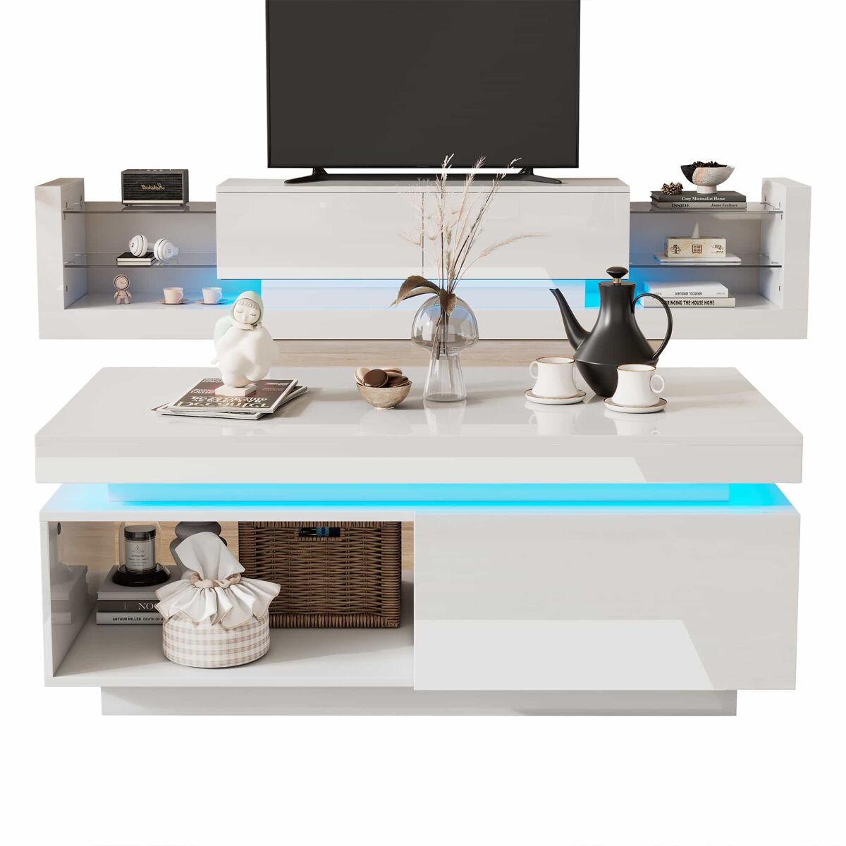 Conjunto de móveis para tv com alto brilho - móvel para tv + mesa de sala, conjunto para parede da sala, móvel para tv com alto brilho, blanc