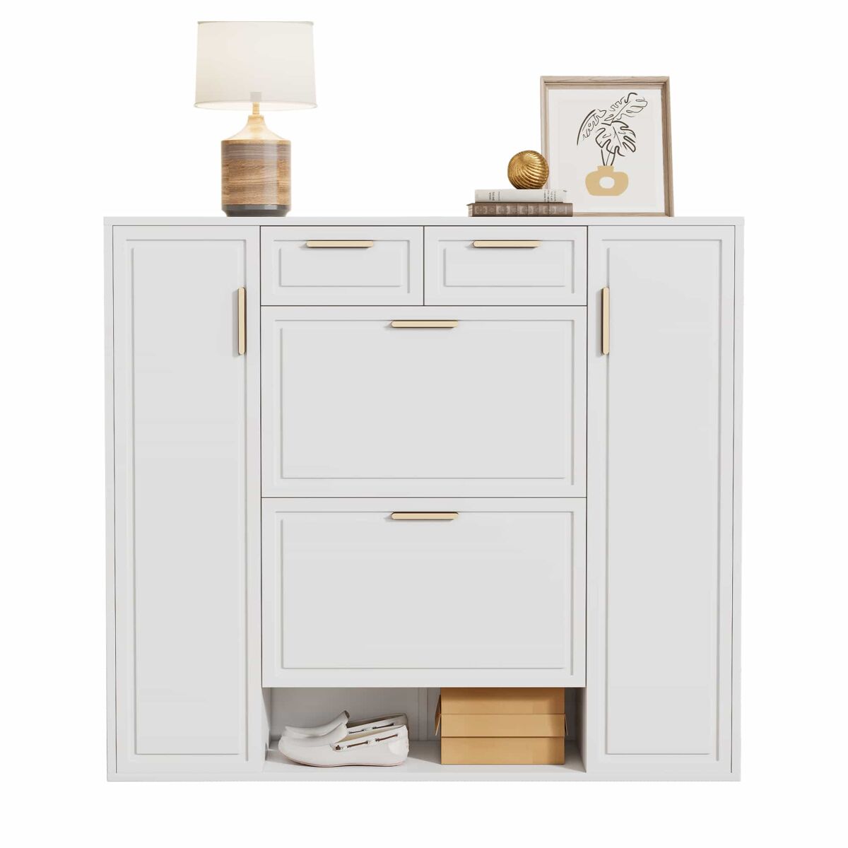 Sapateira moderna 120x24x107 cm - prateleiras ajustáveis, 2 gavetas, portas e puxadores dourados - branco