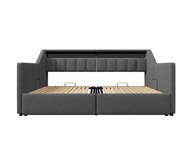 Sofá-cama, 90x200 cm - com usb e type-c, led com comando remoto, 2 gavetas, bolsas de armazenamento - cinza