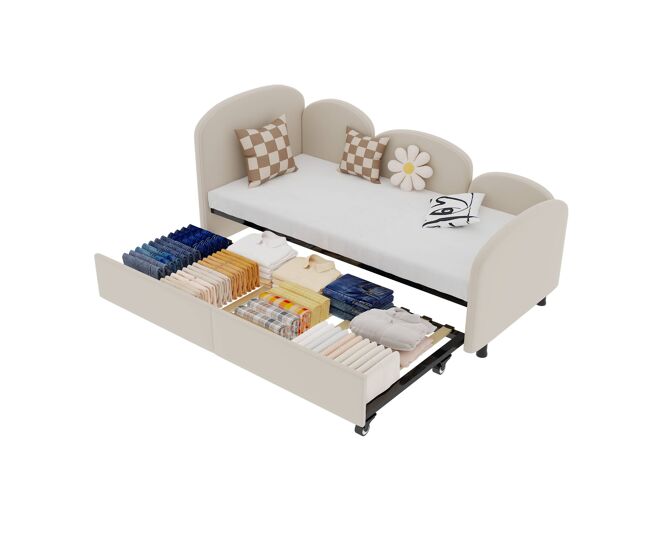 Sofá-cama tamanho twin - com gavetas de arrumação, estofado em veludo - bege