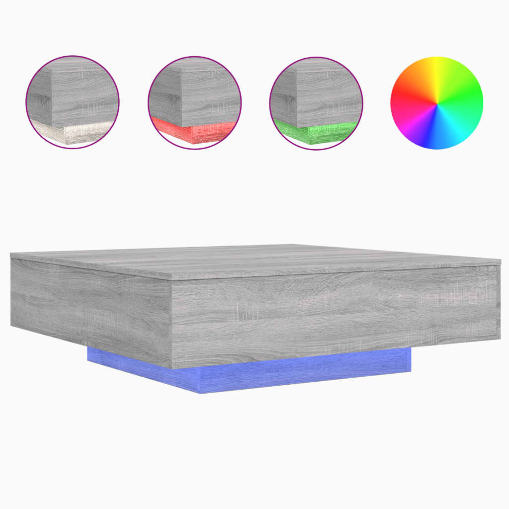 Mesa de centro, mesa baixa, com luzes led 100x100x31 cm cinzento sonoma