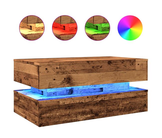 Mesa de centro, mesa baixa, com luzes led 90x50x40 cm madeira velha