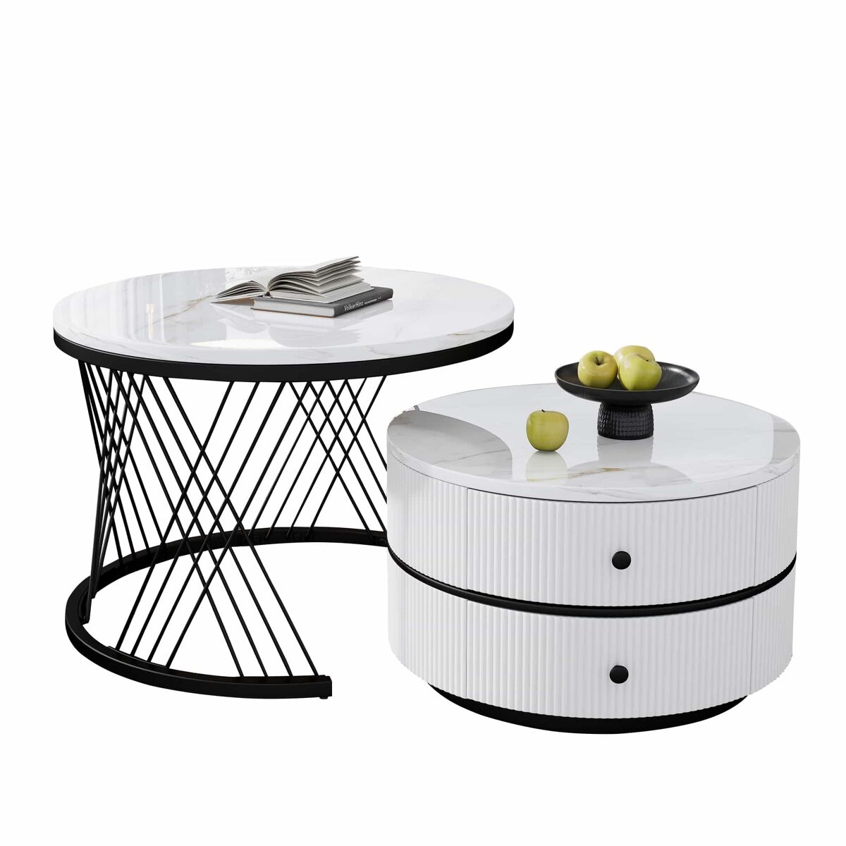 Conjunto de mesas de centro empilháveis 60x60x46cm e 50x50x31cm - tampos redondos com acabamento efeito mármore, 2 gavetas - branco