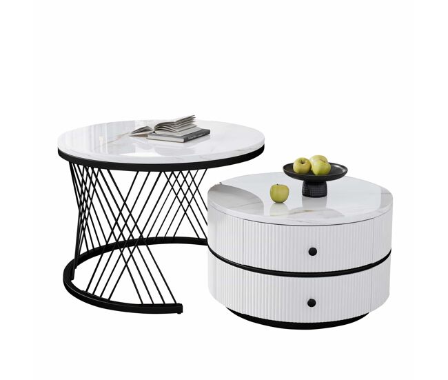 Conjunto de mesas de centro empilháveis 60x60x46cm e 50x50x31cm - tampos redondos com acabamento efeito mármore, 2 gavetas - branco
